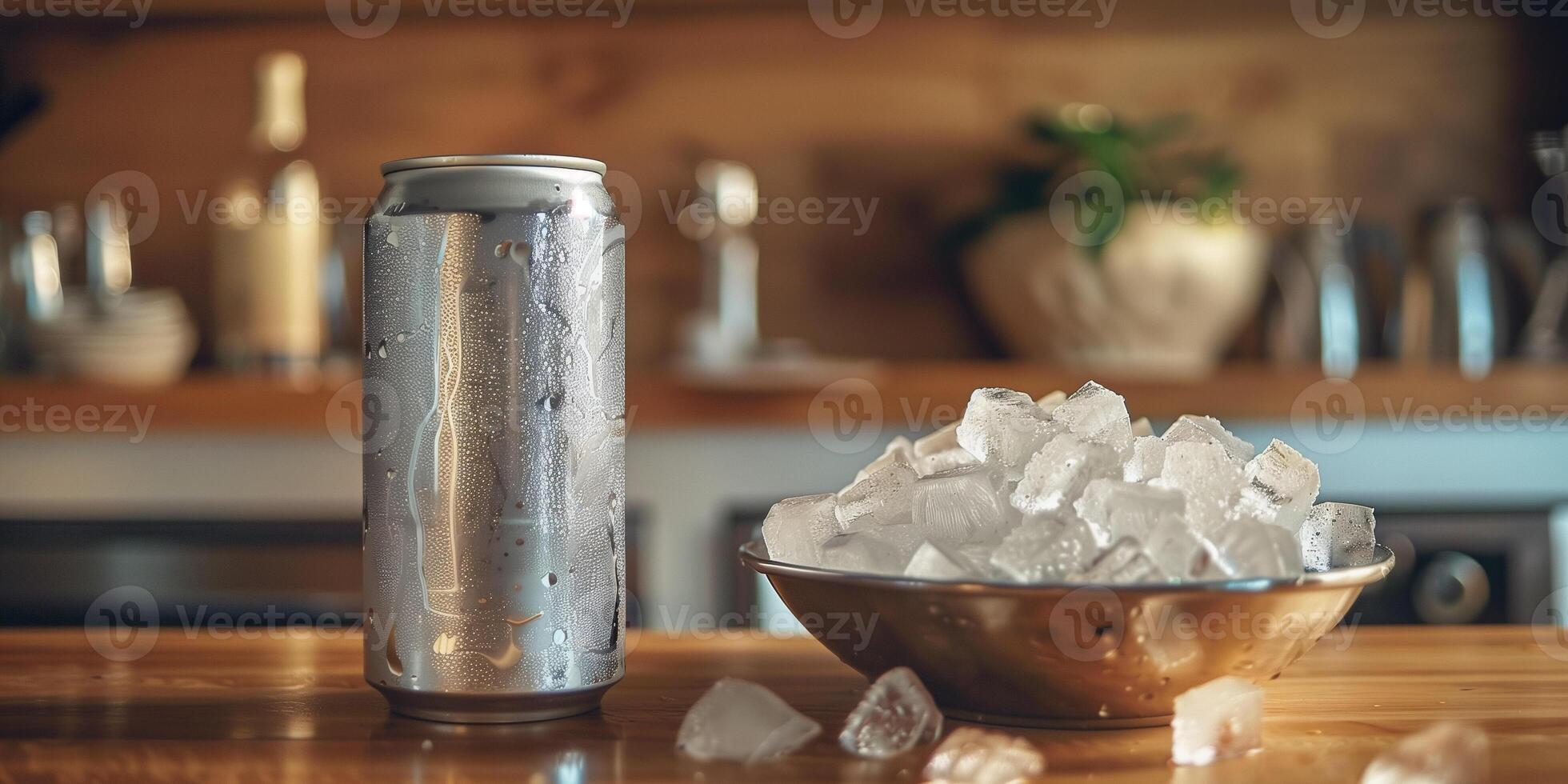 Metal can of sugar-free ginger ale standing on a wooden bar top beside a bowl of ice, food setting photo