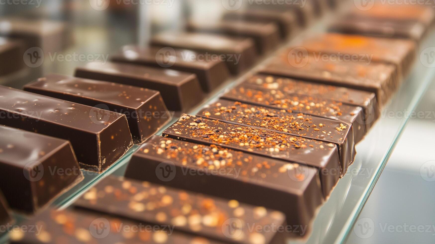 Rectangular chocolate bars with chili powder on a glass shelf, meal photography photo