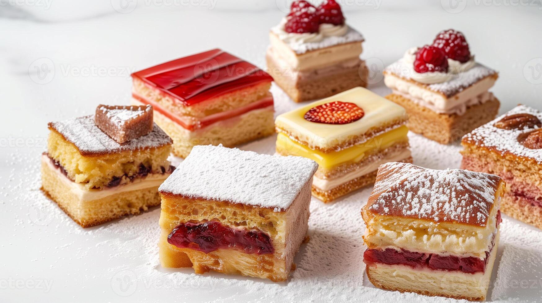 Selection of traditional European sponge cakes with fruit fillings, set on a white surface, food setting photo
