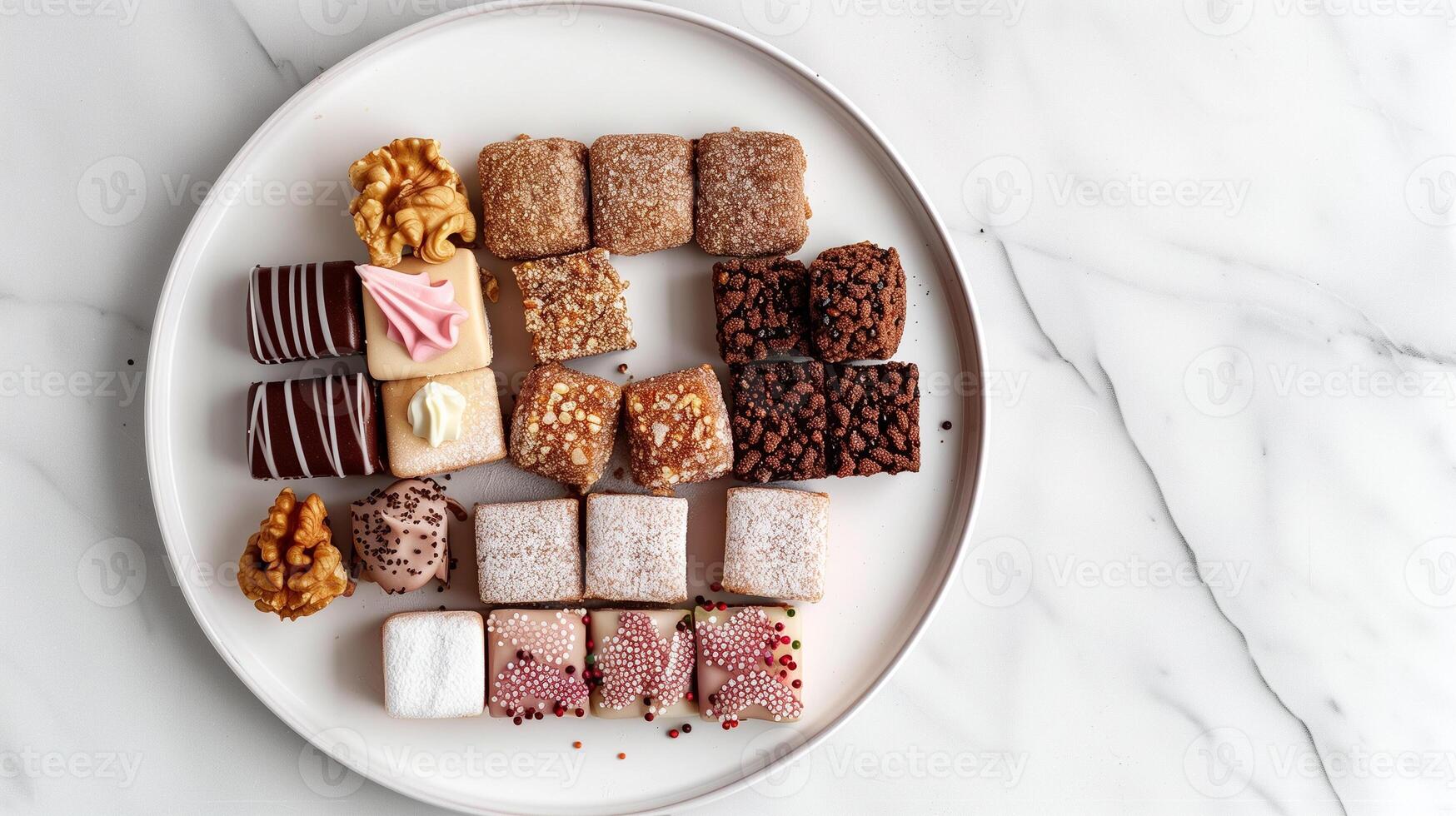 Selection of sugar-coated confections, nut-based treats on serving plate, meal photography photo