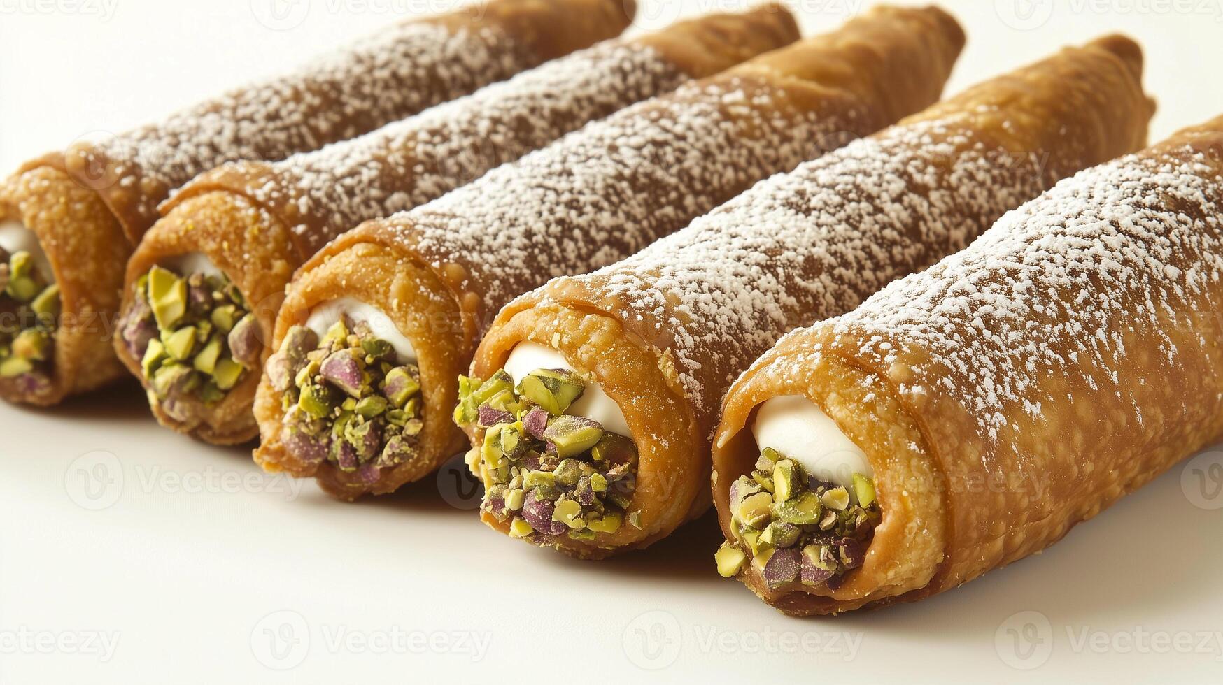 Set of cannoli arranged in a neat row, with each shell filled and ends dipped in pistachio pieces, food setting photo