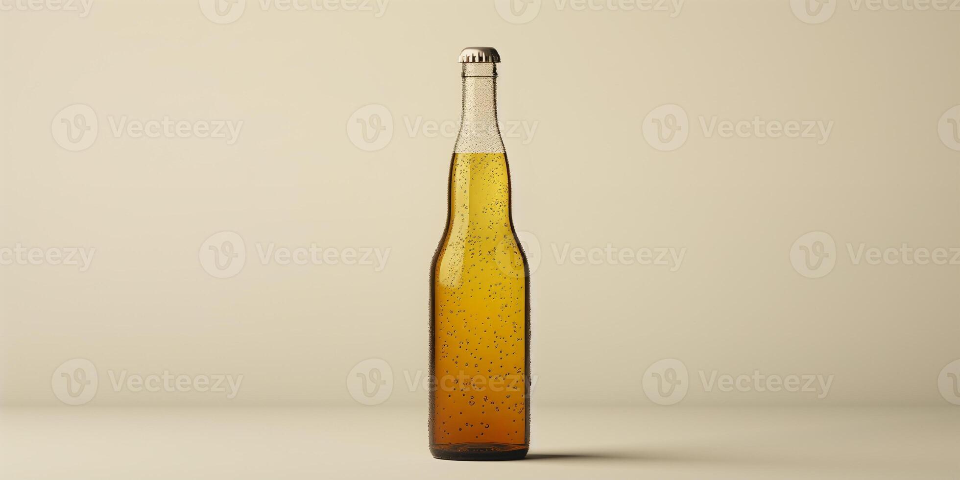 Single bottle of fermented beverage with visible bubbles, upright on plain background, meal photography photo