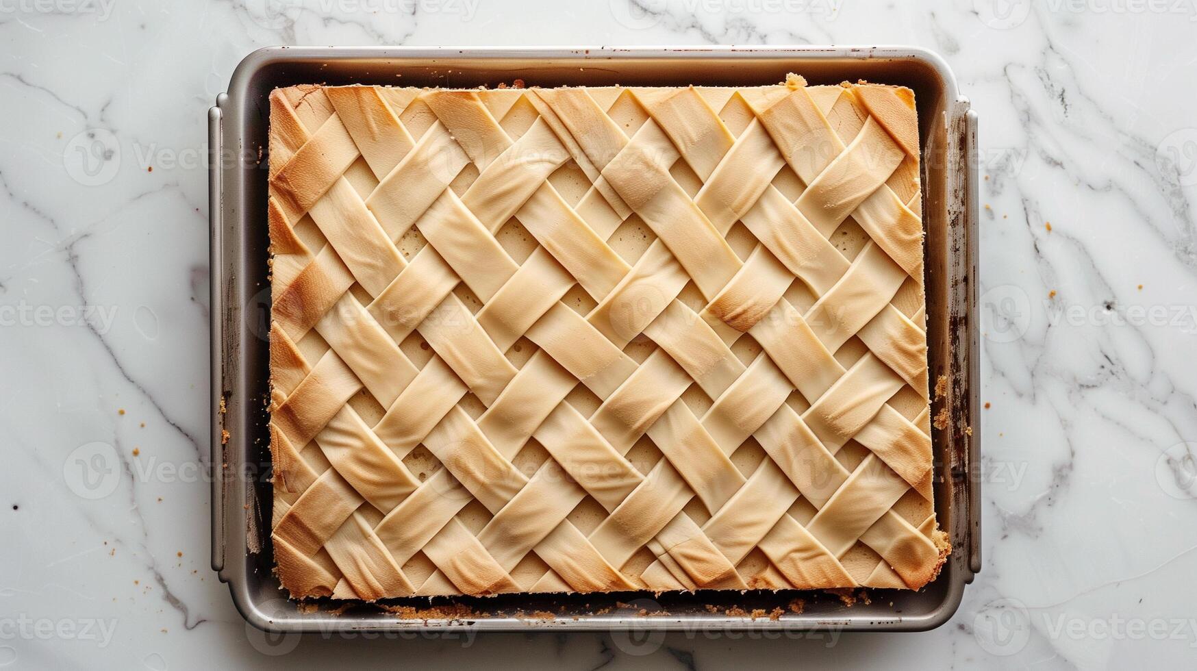 Sheet cake with a simple pattern, partially cut into squares, on a rectangular tray, food setting photo