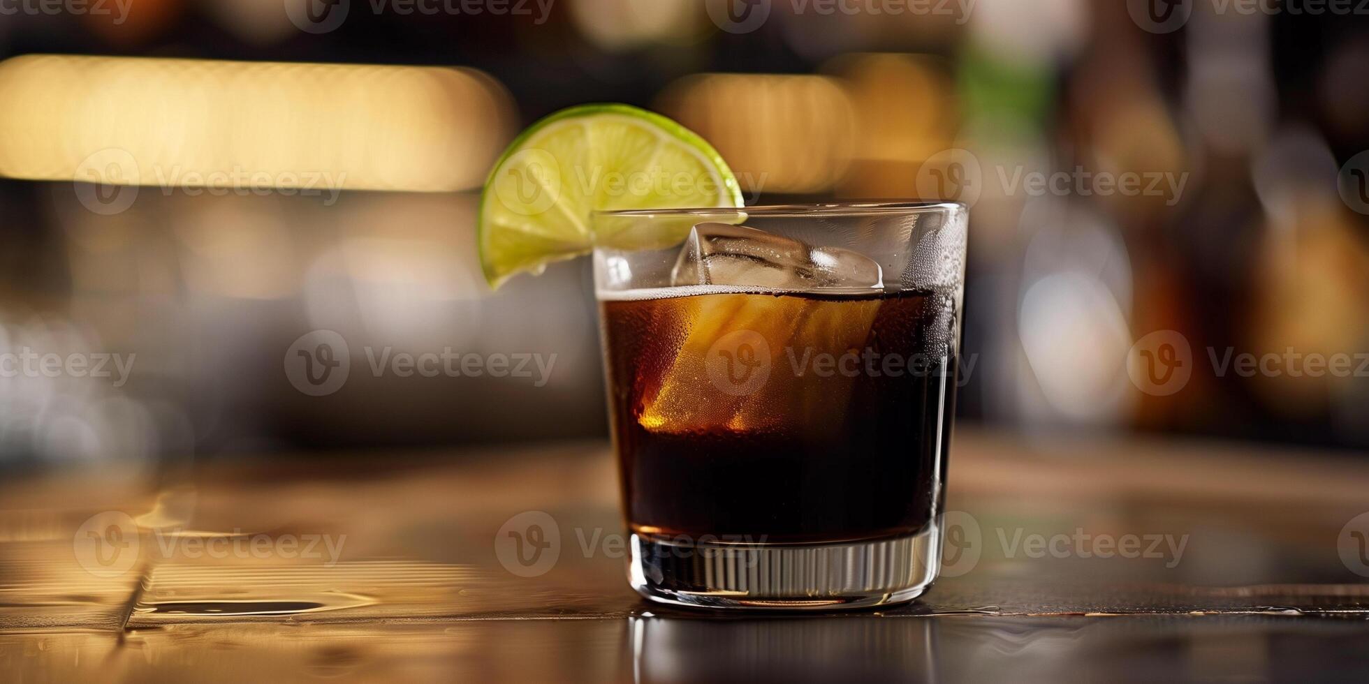 Short glass with a black liquid, a single ice cube, and a slice of lime, food setting photo