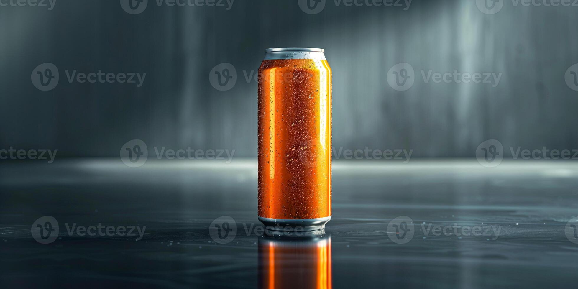 Single energy drink can, upright on a reflective surface, capturing the branding and color, meal photography photo