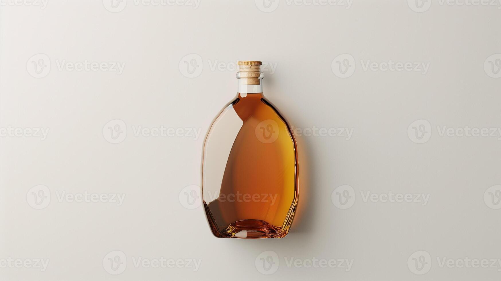 Single, large bottle of syrup is centered on a white background, with a simple, clean label, meal photography photo