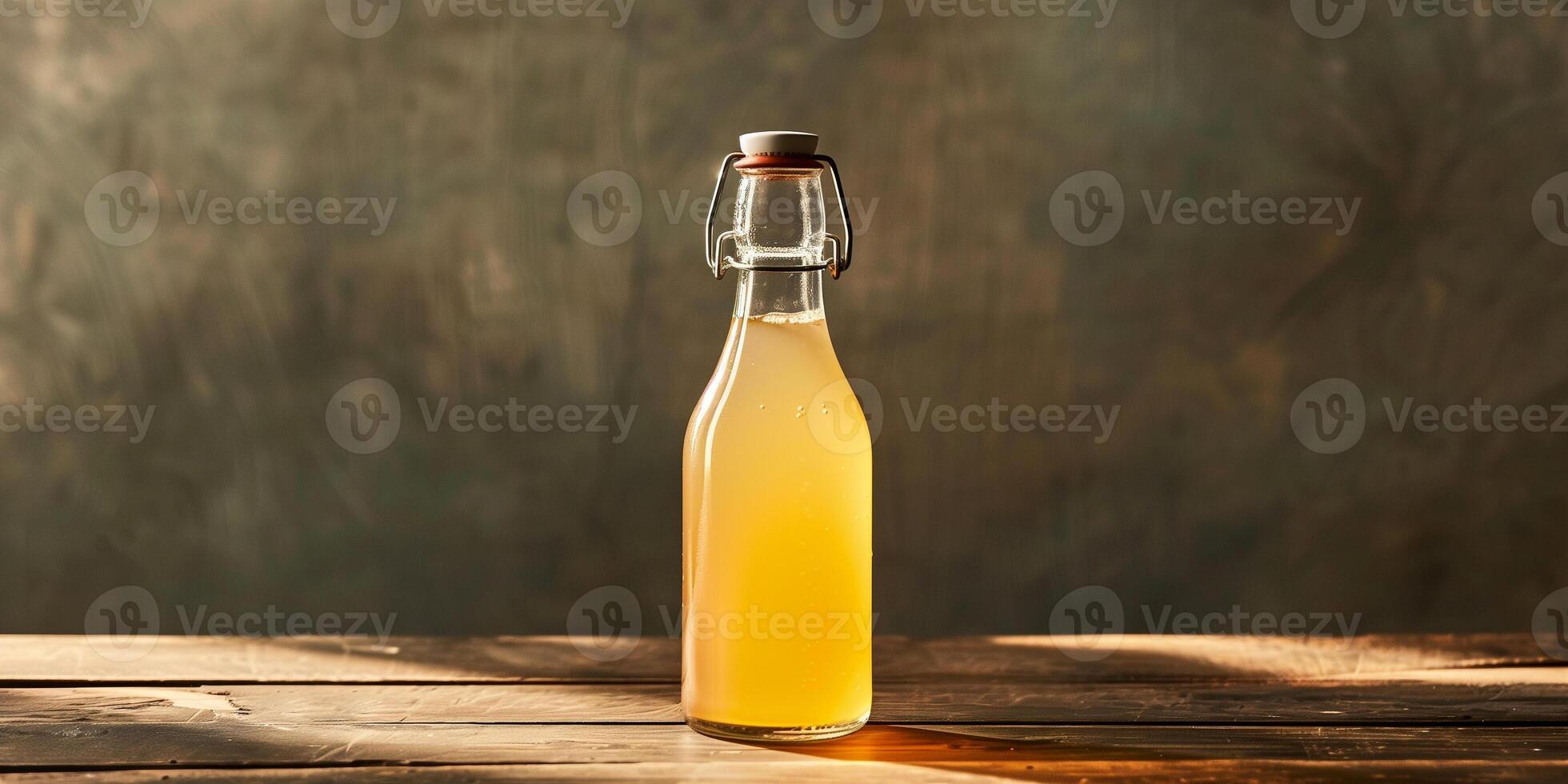 Single kombucha bottle with a screw cap, filled with a light amber liquid, meal photography photo
