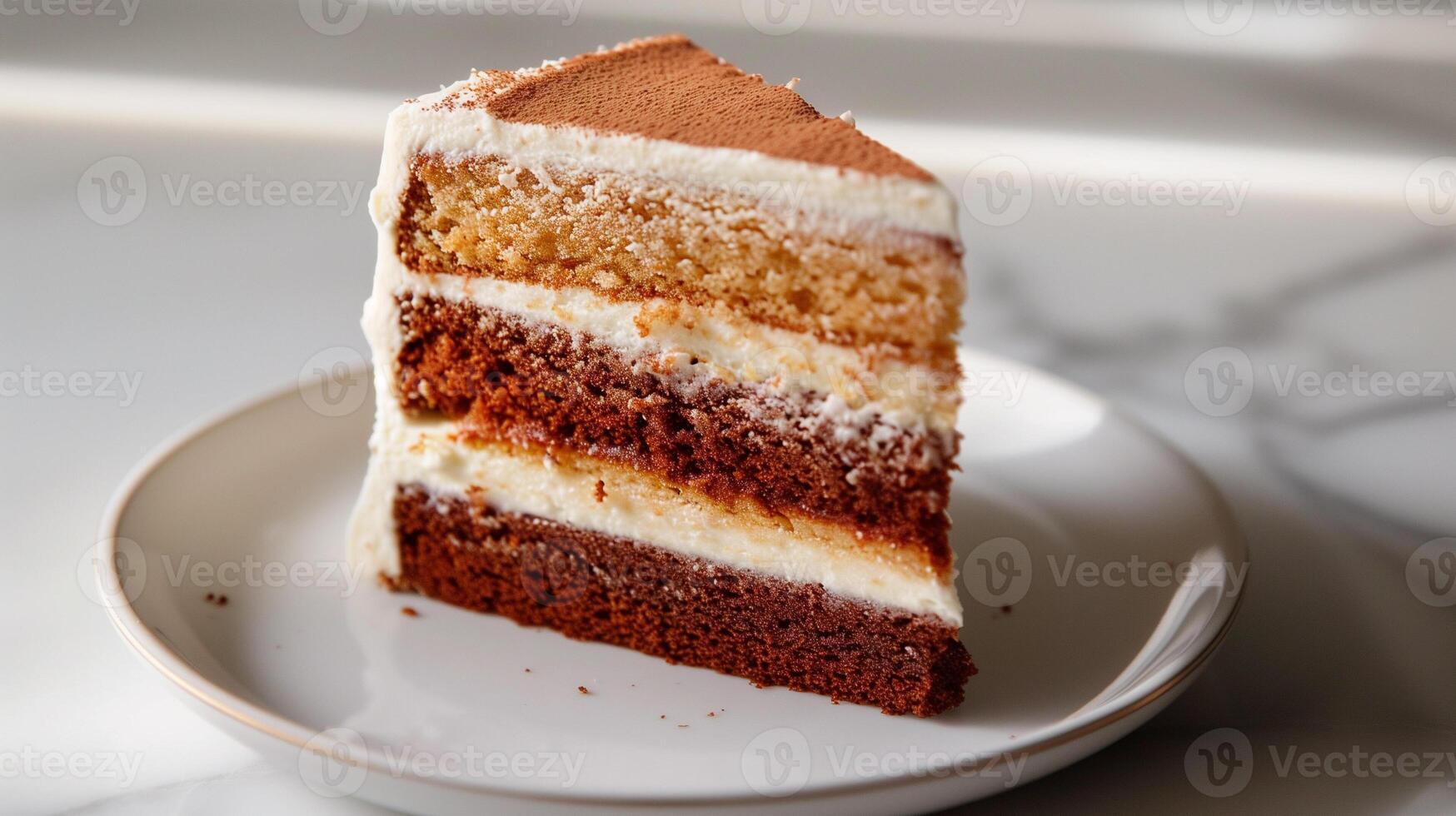 Single slice of layer cake, showing uniform layers, on a simple white plate, food setting photo