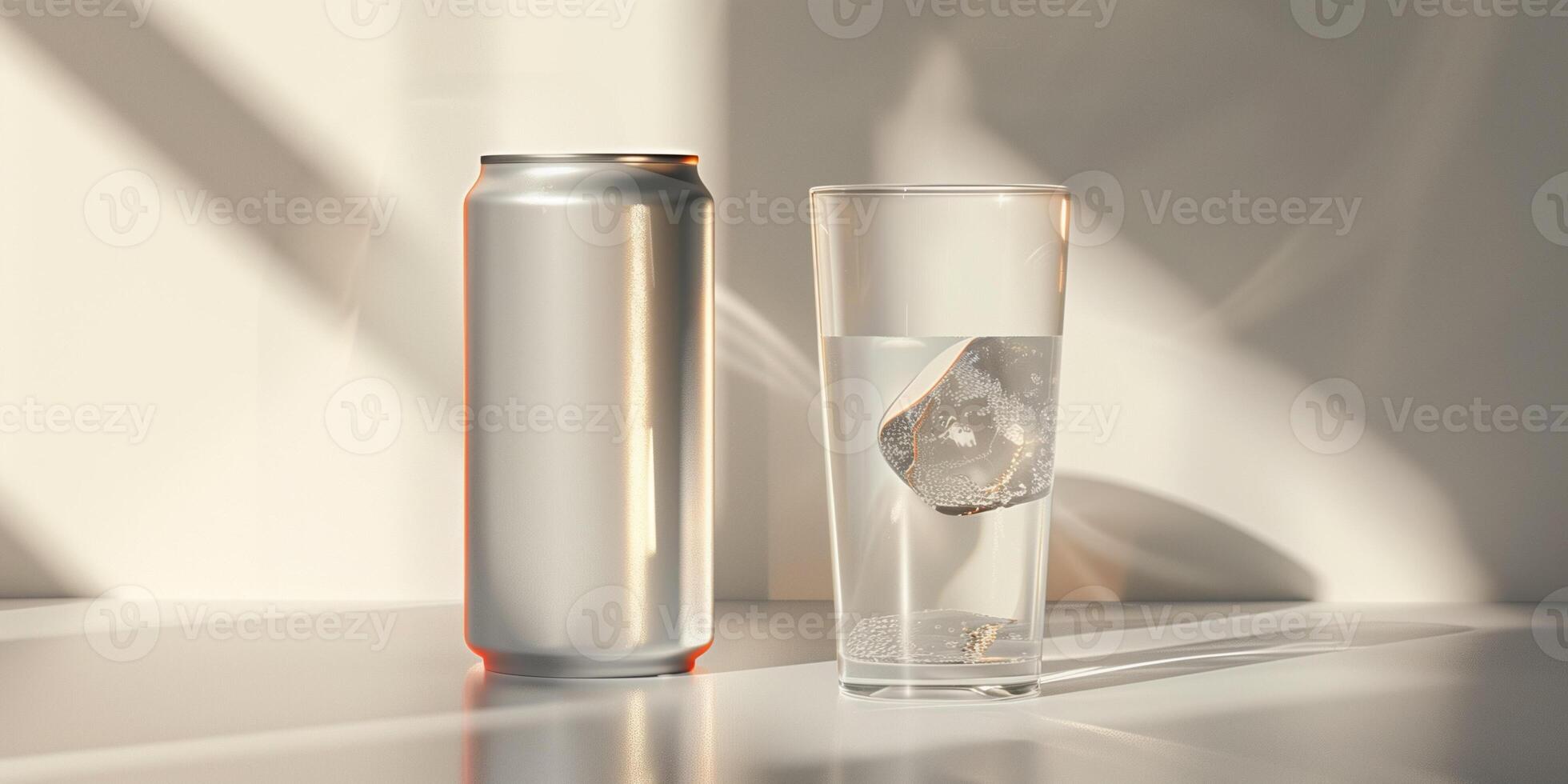 Sleek can with a modern label design beside a filled glass with a clear liquid and ice, meal photography photo