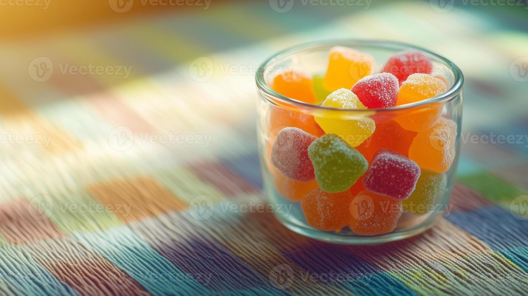 Glass container filled with fruit-shaped candies on a solid-colored tablecloth, food setting photo