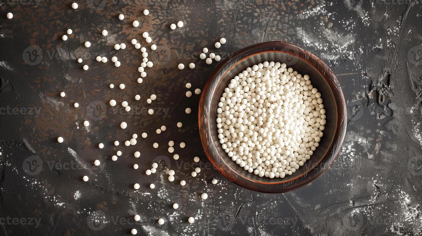 Small dish filled with white nonpareils, with some scattered around on a flat surface, meal photography photo
