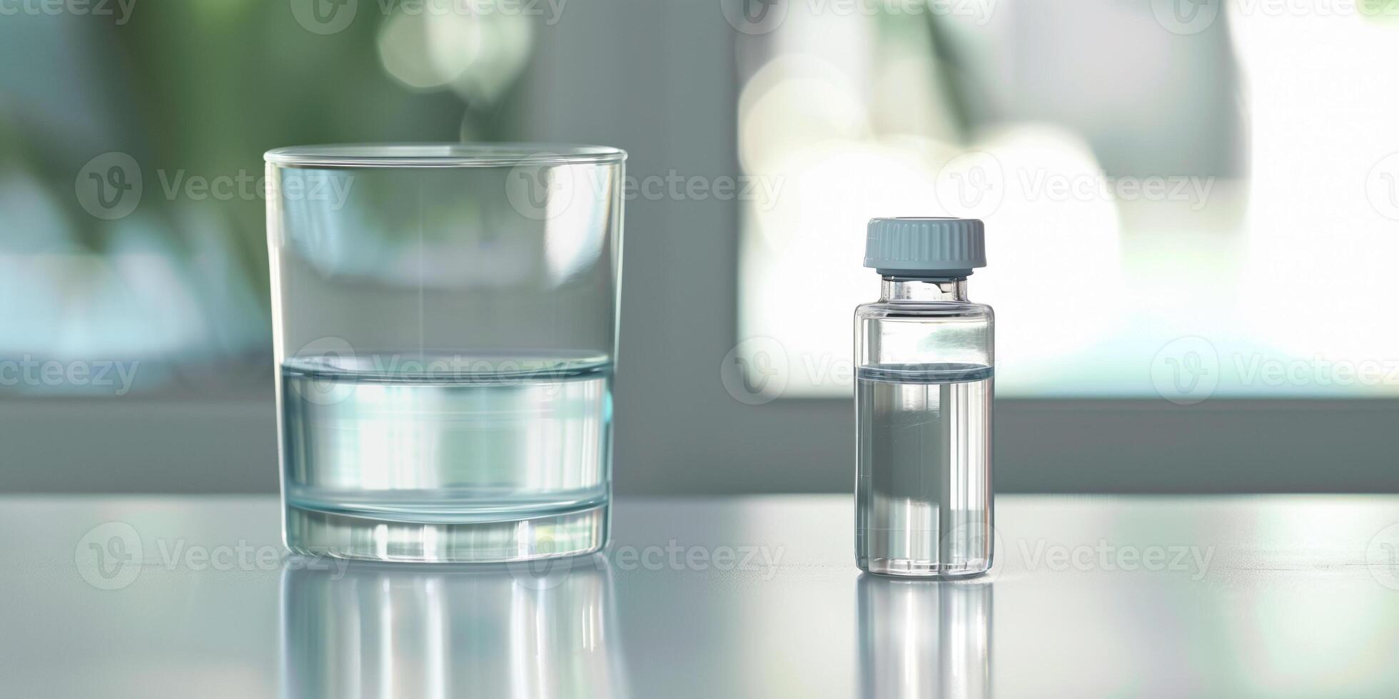 Small vial of liquid electrolytes next to a glass of water on a white counter, meal photography photo