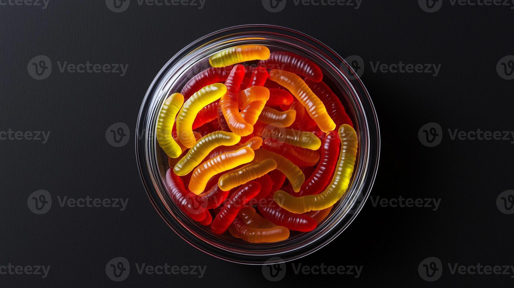 Round container with chili-flavored gummy worms, neatly arranged, meal photography photo