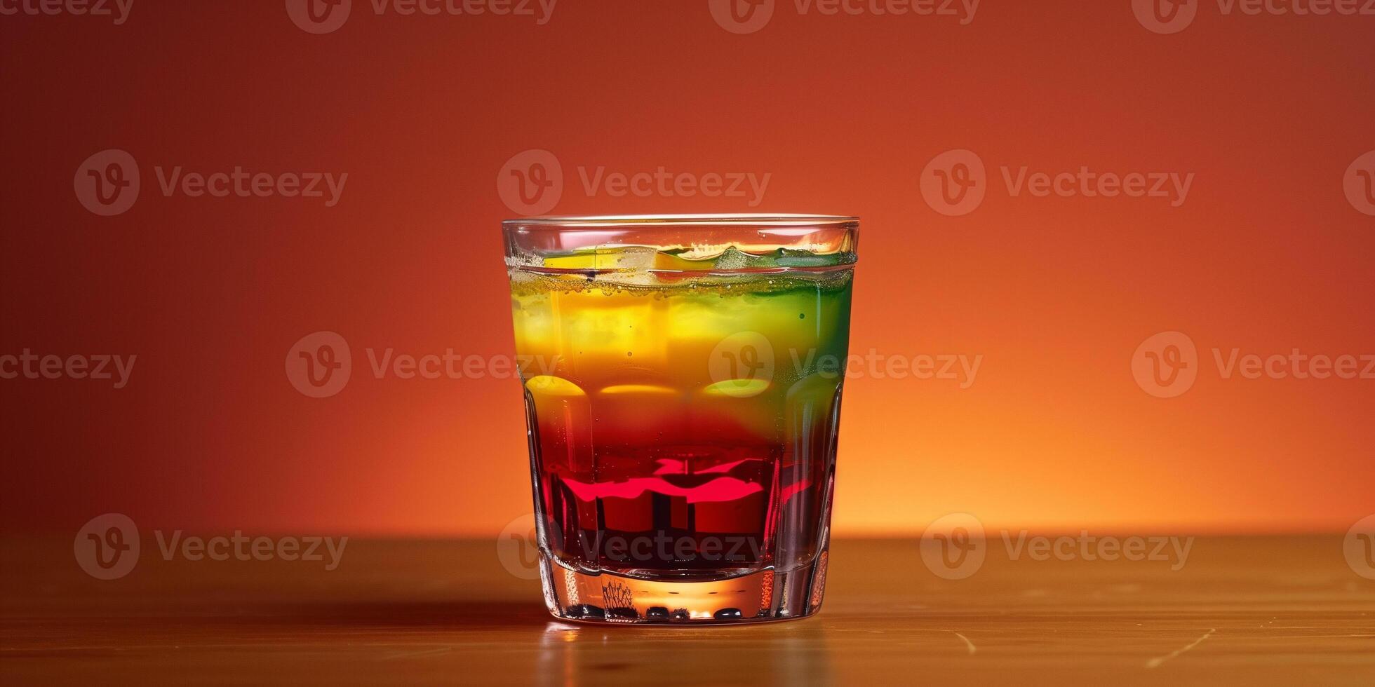 Transparent glass with layered drink in red, yellow, and green hues, food setting photo