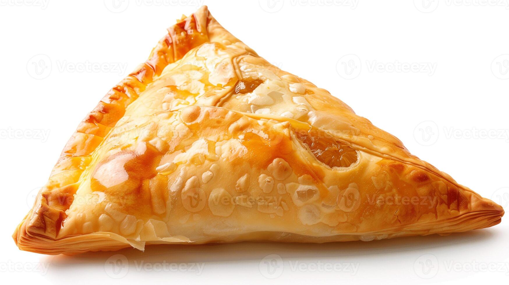 Triangular turnover with a golden-brown crust and a visible filling of fruit or cream, meal photography photo