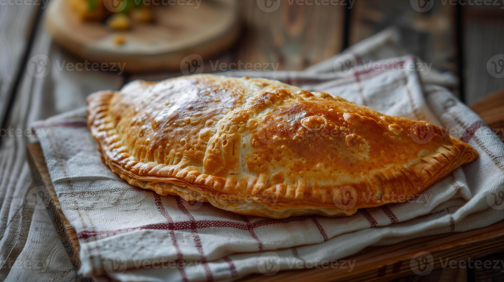 Turnover on a napkin with a slightly uneven edge and a filling of jam or fruit, meal photography photo
