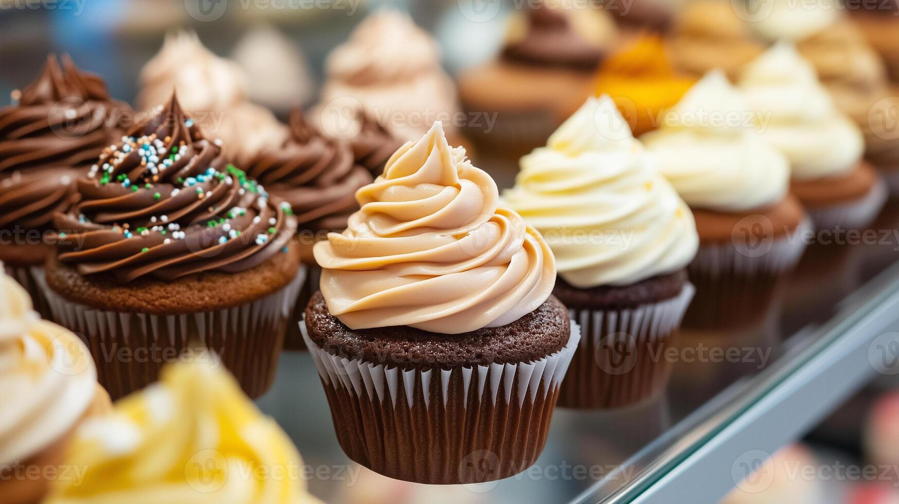 Variety of cupcakes with smooth frosting on a glass display stand, meal photography photo
