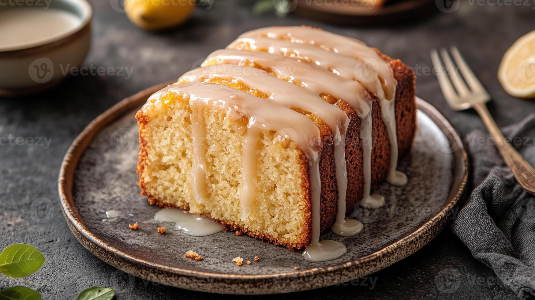 Vegan pound cake topped with a glaze, displayed on a ceramic dish with a serving utensil, meal photography photo