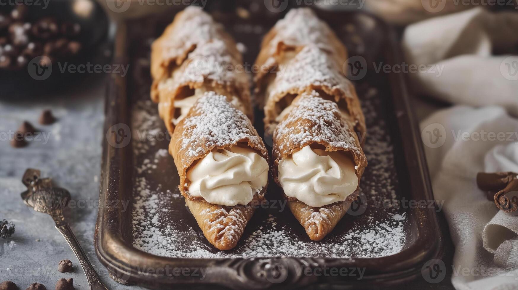 View of cannoli on a tray, with shells dusted with powdered sugar and filled with cream, meal photography photo