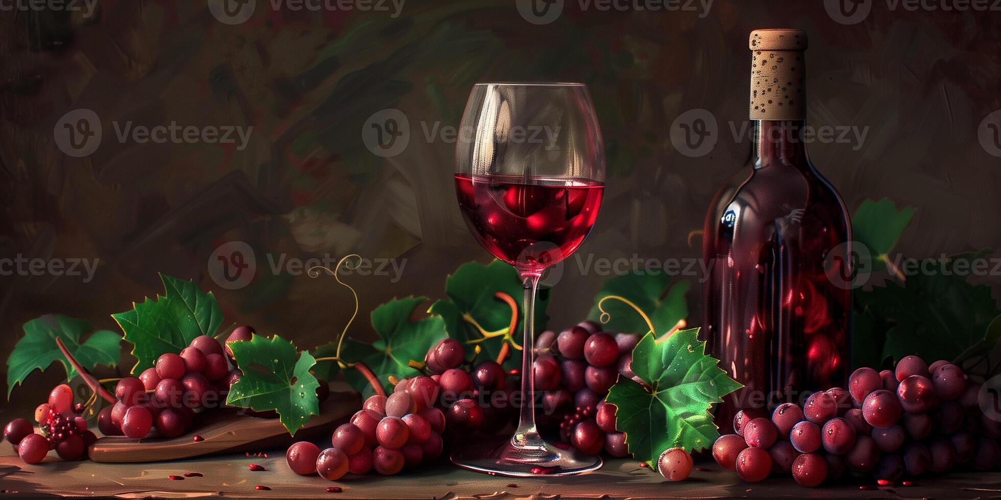 Wine glass containing red wine, alongside an uncorked bottle and scattered grapes, meal photography photo