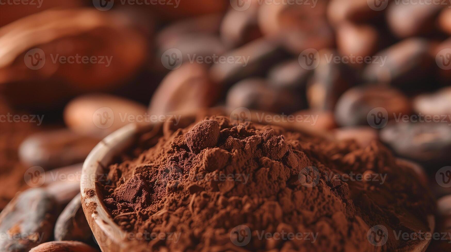 Close-up of raw cocoa powder with roasted beans and flavored powder in the background, meal photography photo