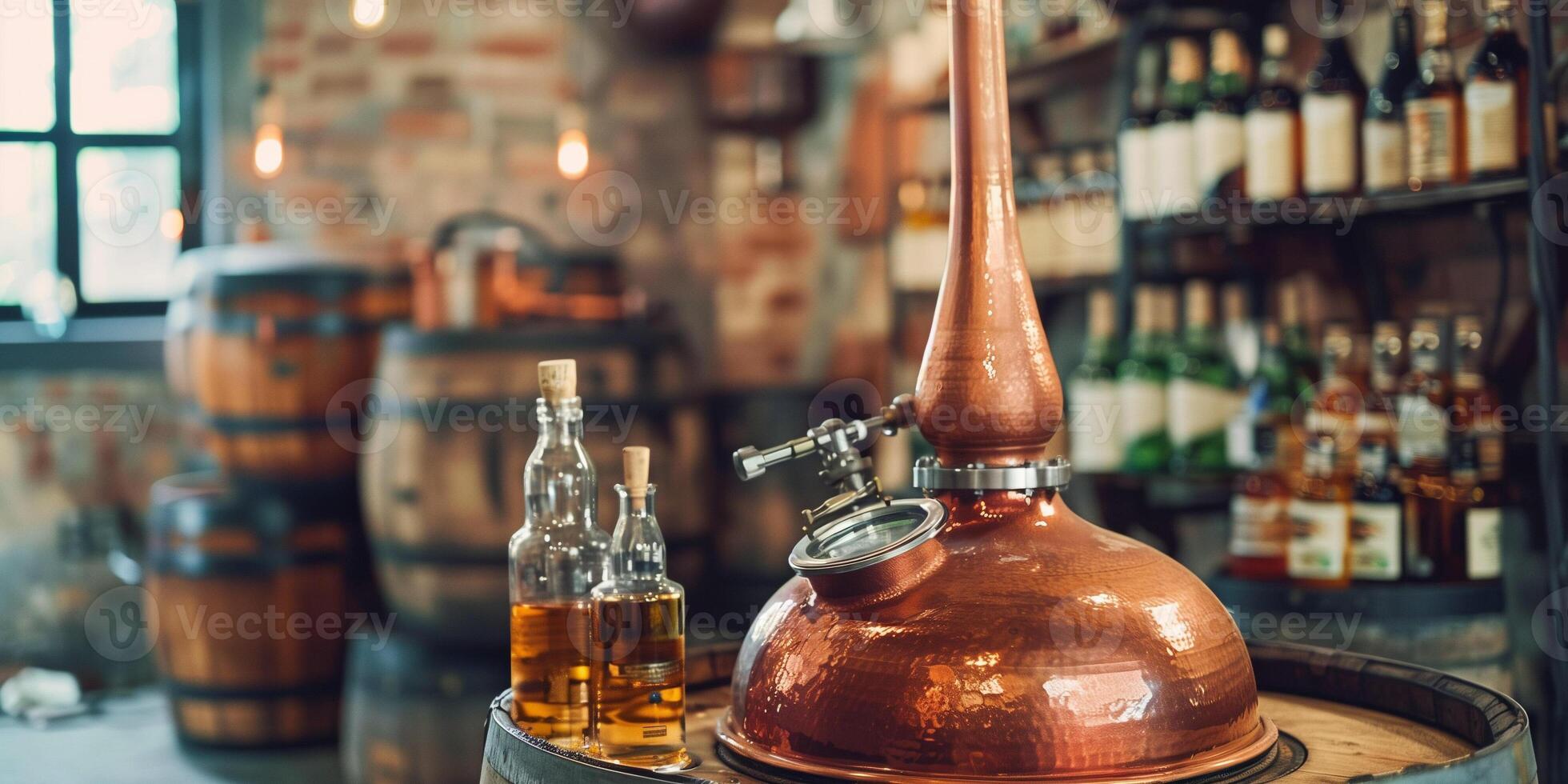 Copper pot still in a craft distillery, with bottles of distilled spirits nearby, meal photography photo