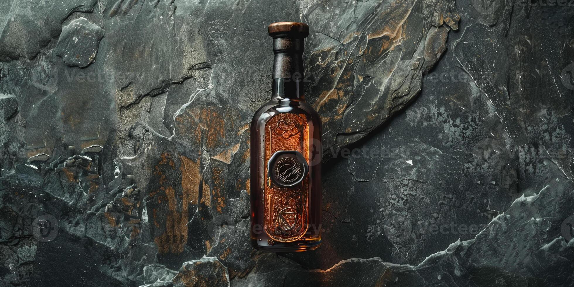 Craft distillery bottle with wax seal, on a polished stone surface, food setting photo
