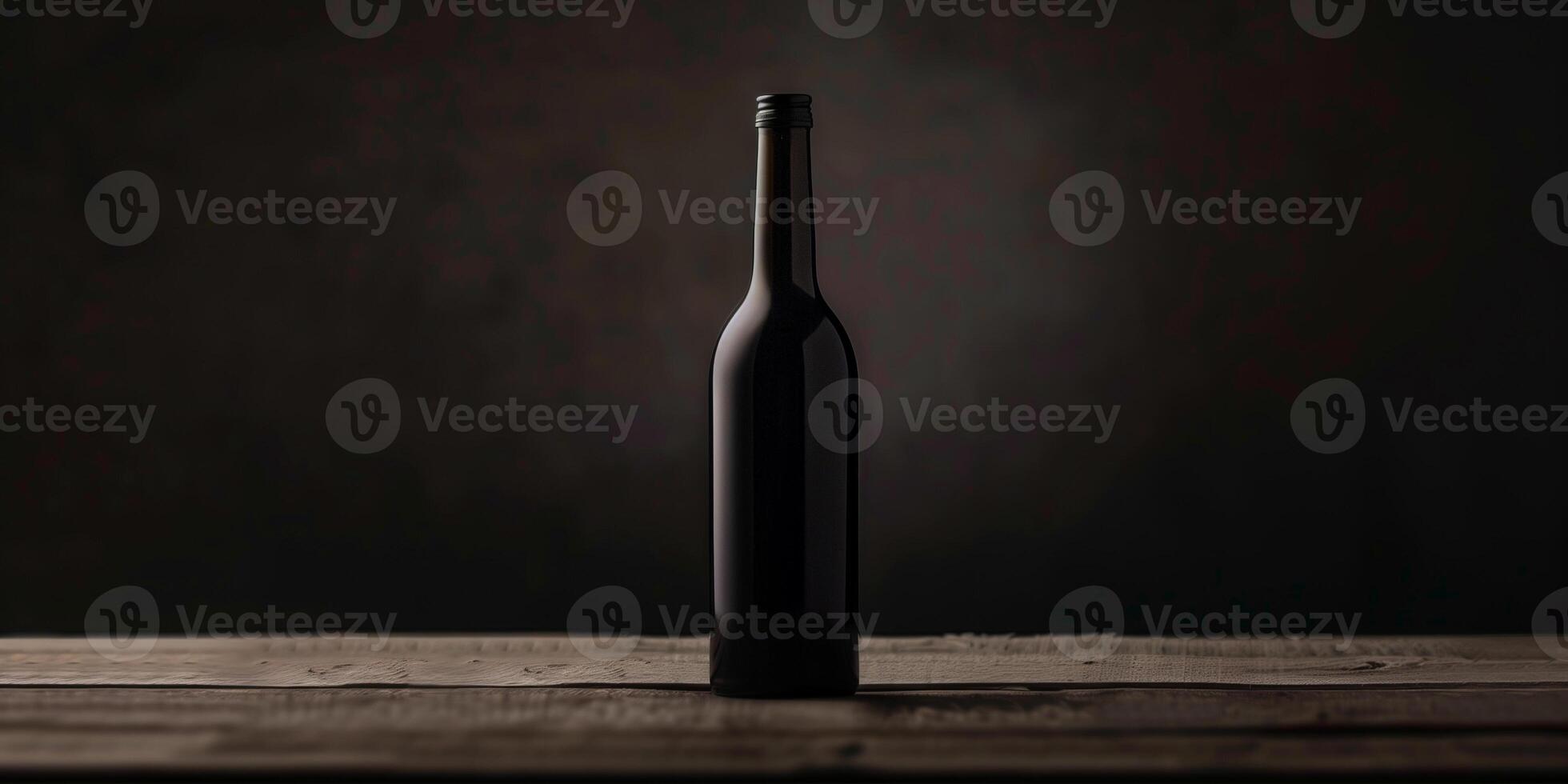 Dark glass bottle of apple cider, upright on a table, with a minimalistic label facing the camera, food setting photo