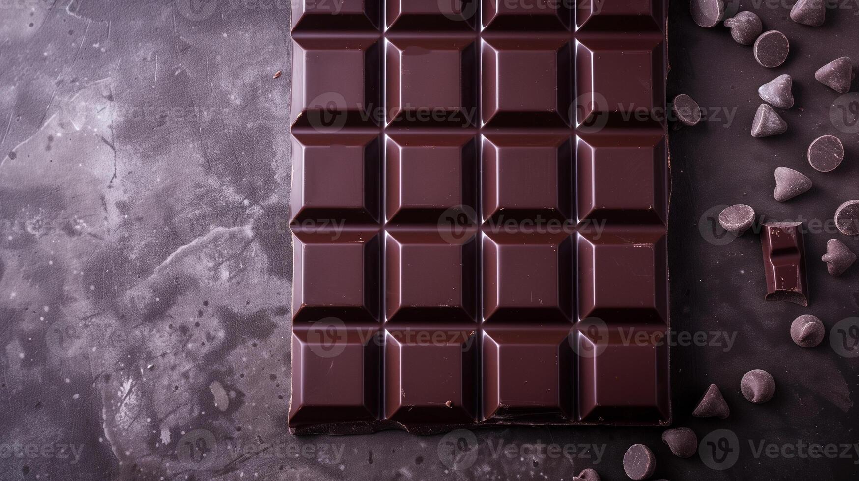 Dark chocolate bar on a plain background, divided into several small, uniform squares, food setting photo