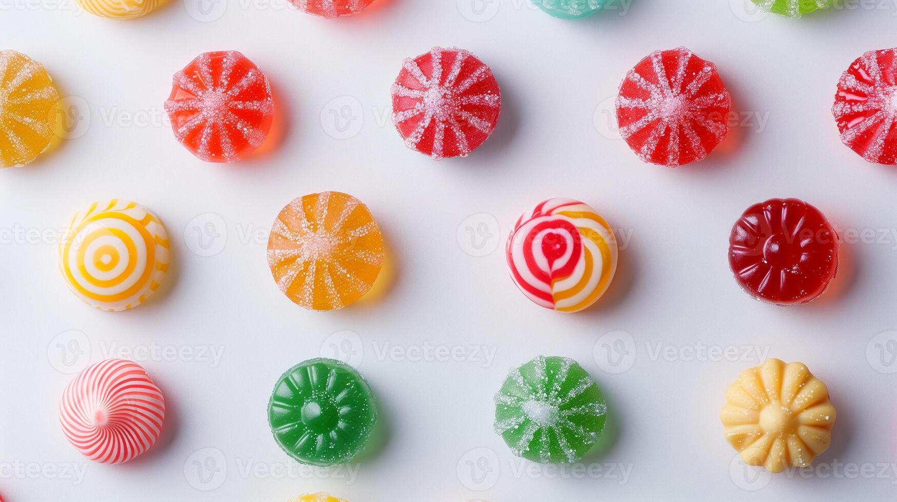 Different chewy candy pieces displayed in a symmetrical pattern on a plain background, showing various colors, meal photography photo