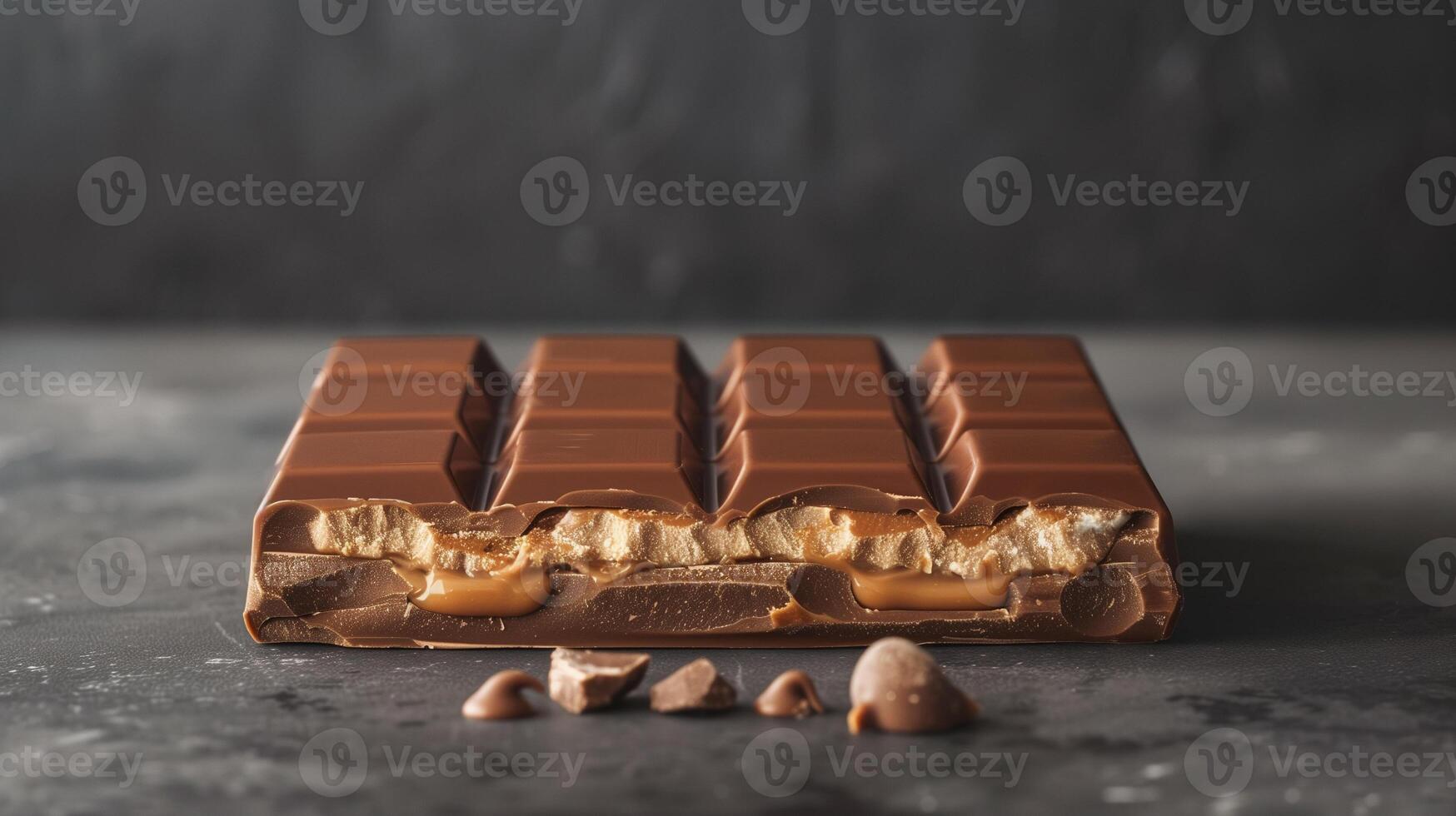 Filled chocolate bar broken in half, displaying the inner filling layer within each segment, meal photography photo