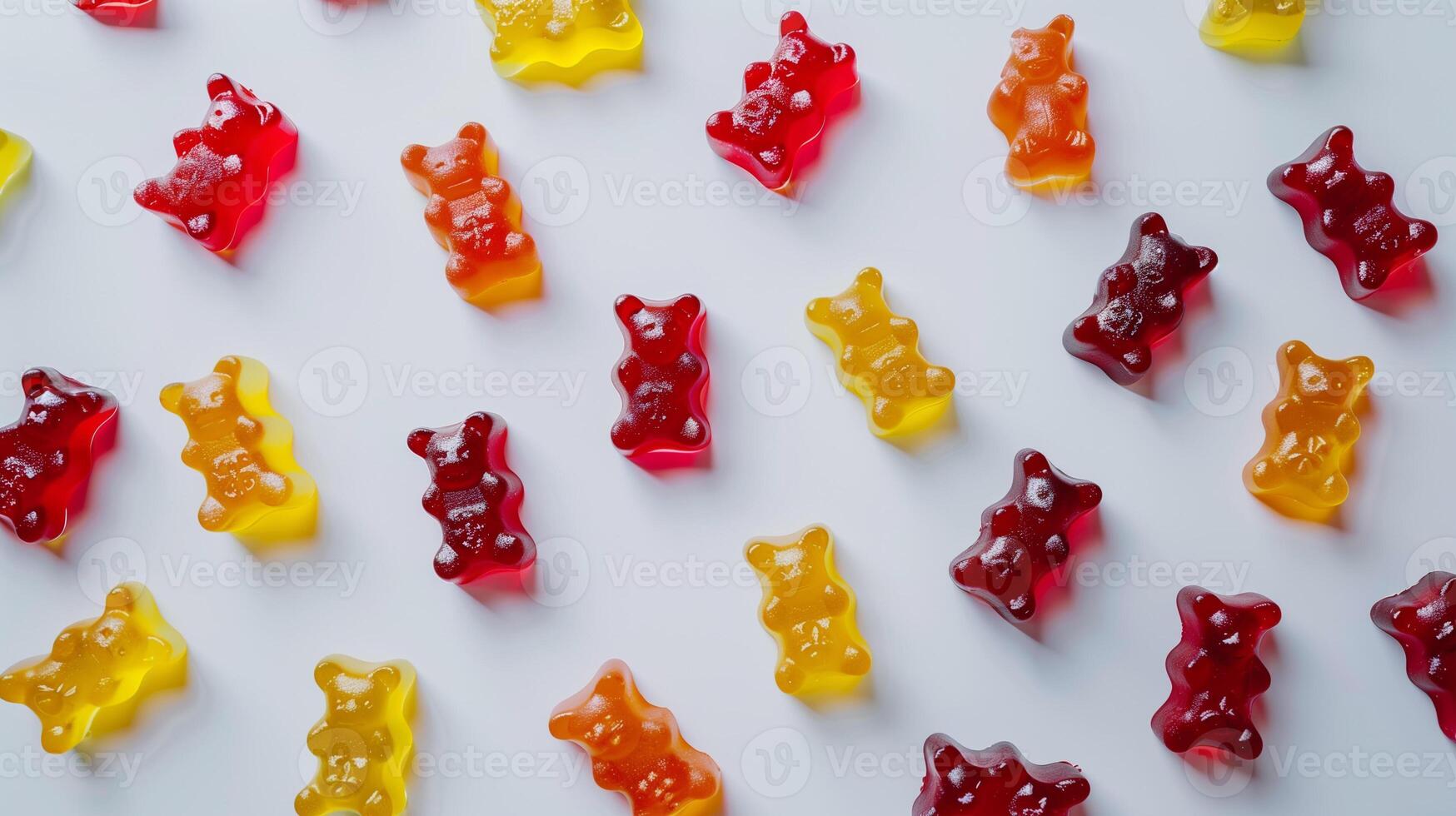 Gummy bears of various colors positioned randomly on a white surface, meal photography photo