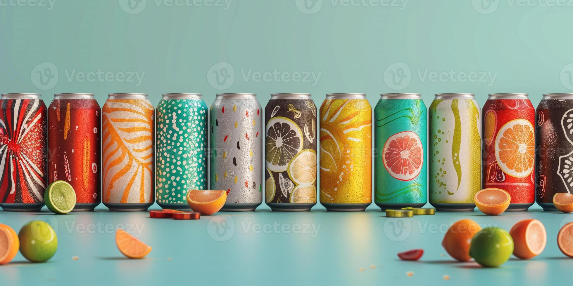 Healthy soda cans with varied designs, showcasing different flavor options and brand names, food setting photo