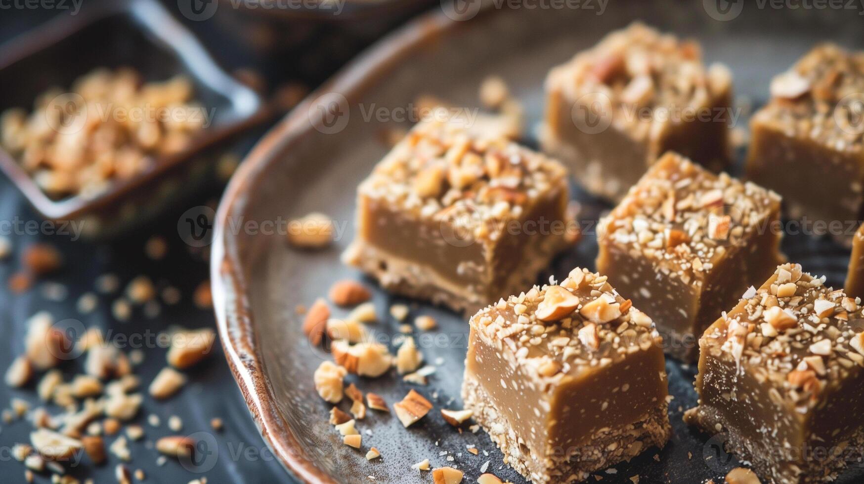 Halva squares on a ceramic dish, with visible nut pieces and dense texture, meal photography photo