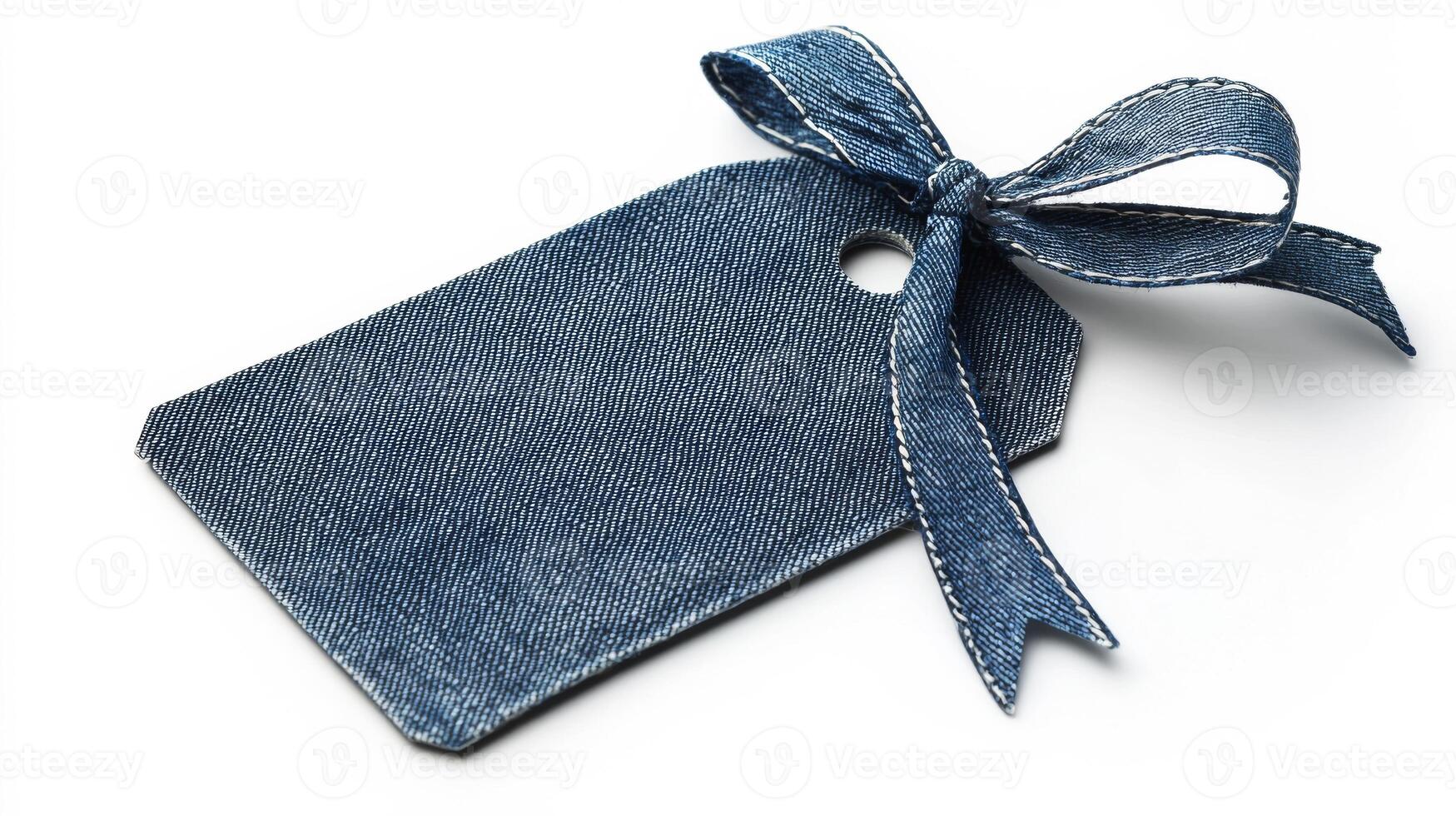 A denim tag with a ribbon tied in a bow rests on a white surface, showcasing a simple yet elegant design. photo