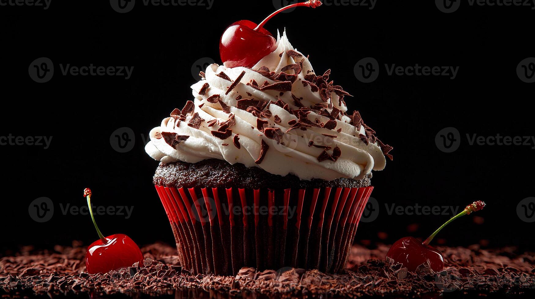 Delightful chocolate cupcake features whipped cream, cherry, and chocolate shavings, all set against a dark backdrop. photo