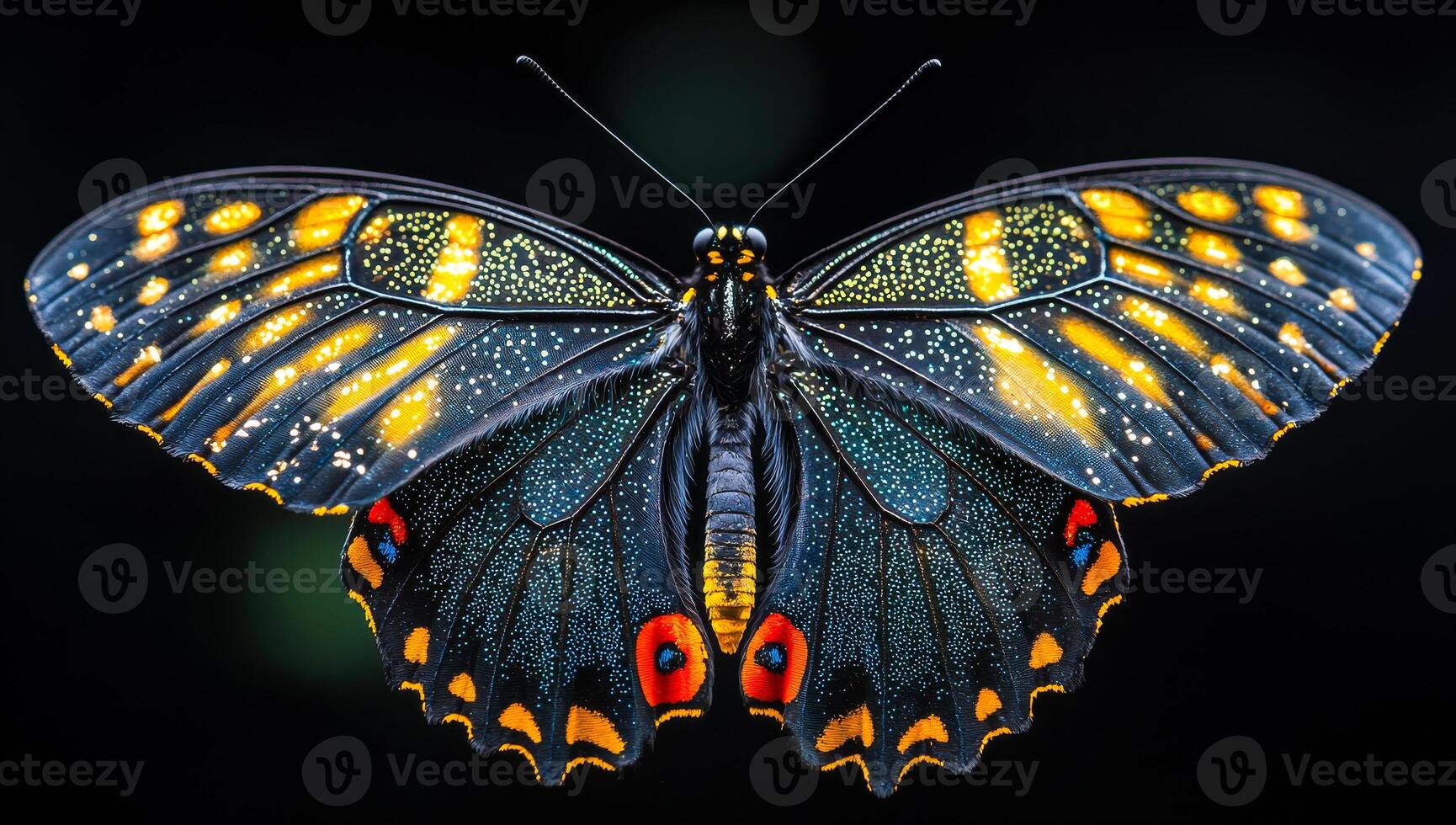 A butterfly with black and orange wings. The butterfly is resting on a black background. The butterfly is the main focus of the image photo