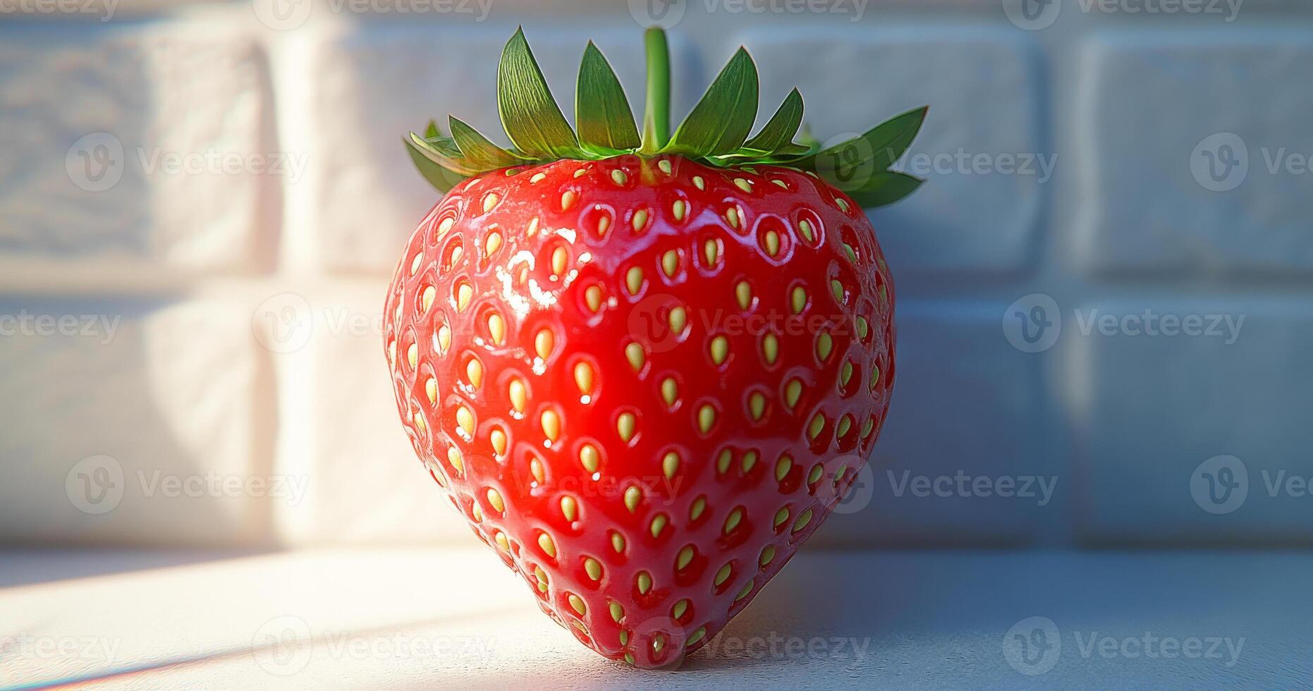 A close up of a red strawberry with a green leaf on top. The strawberry is the main focus of the image, and it is the most important part of the scene. The red color of the strawberry is vibrant photo