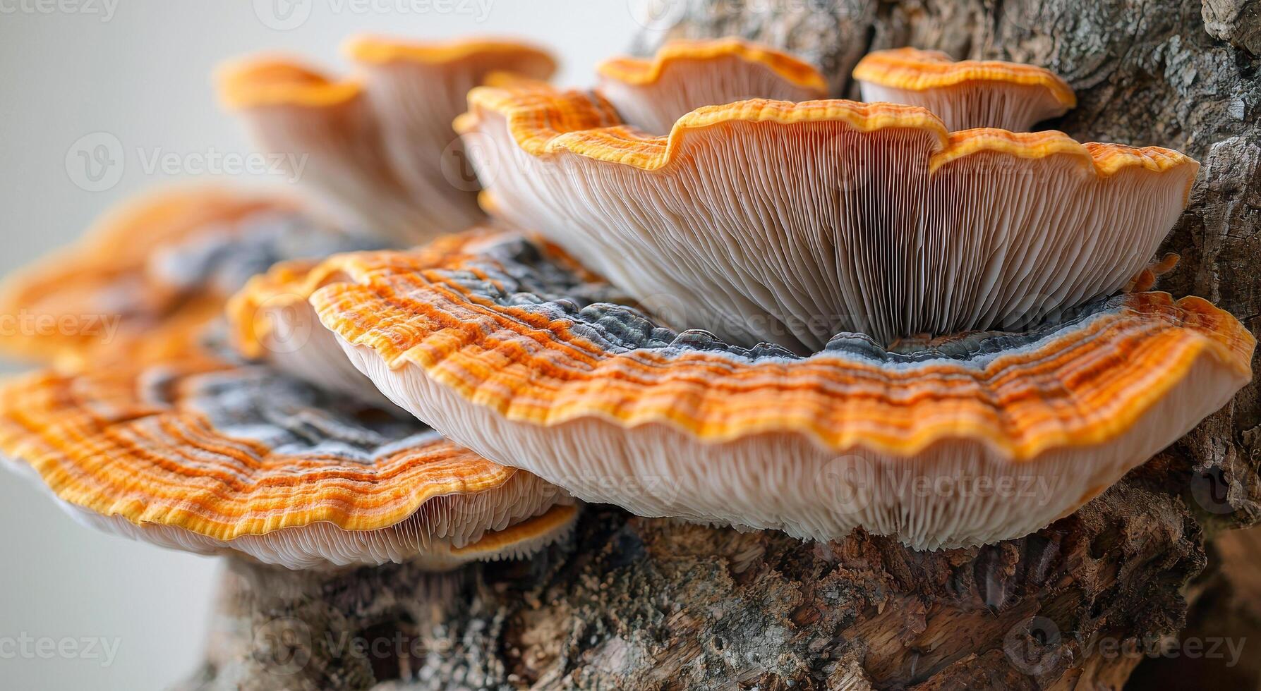 A group of mushrooms growing on a tree branch. The mushrooms are orange and white in color. Concept of nature and the beauty of the outdoors photo