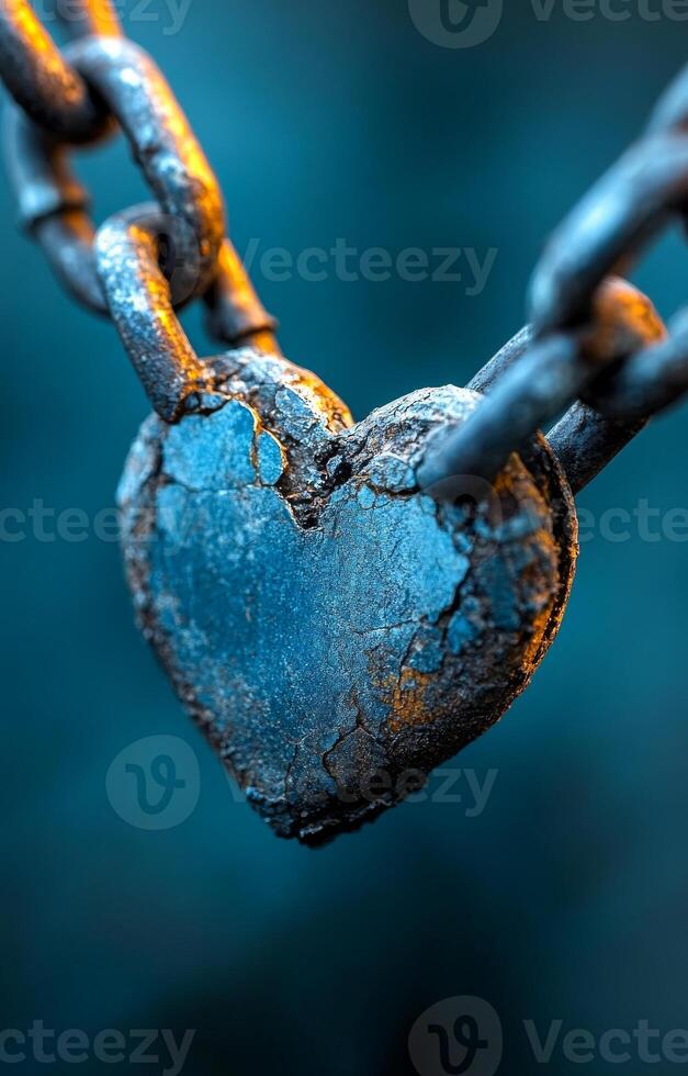 A broken heart is suspended by a chain. The chain is silver and the heart is blue photo