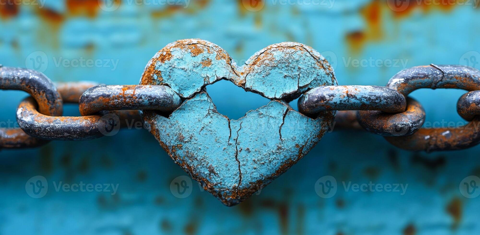 A chain with a heart in the middle of it. The heart is broken and the chain is rusted photo