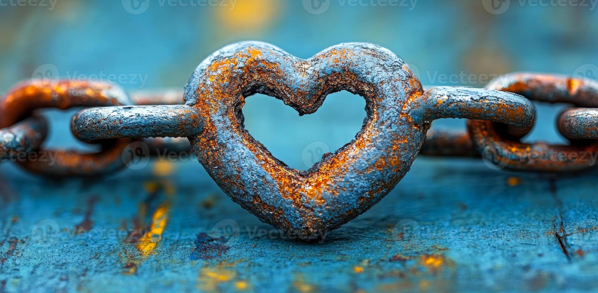 A chain with a heart in the middle of it. The heart is made of metal and is surrounded by rust. The chain is blue and the heart is silver photo