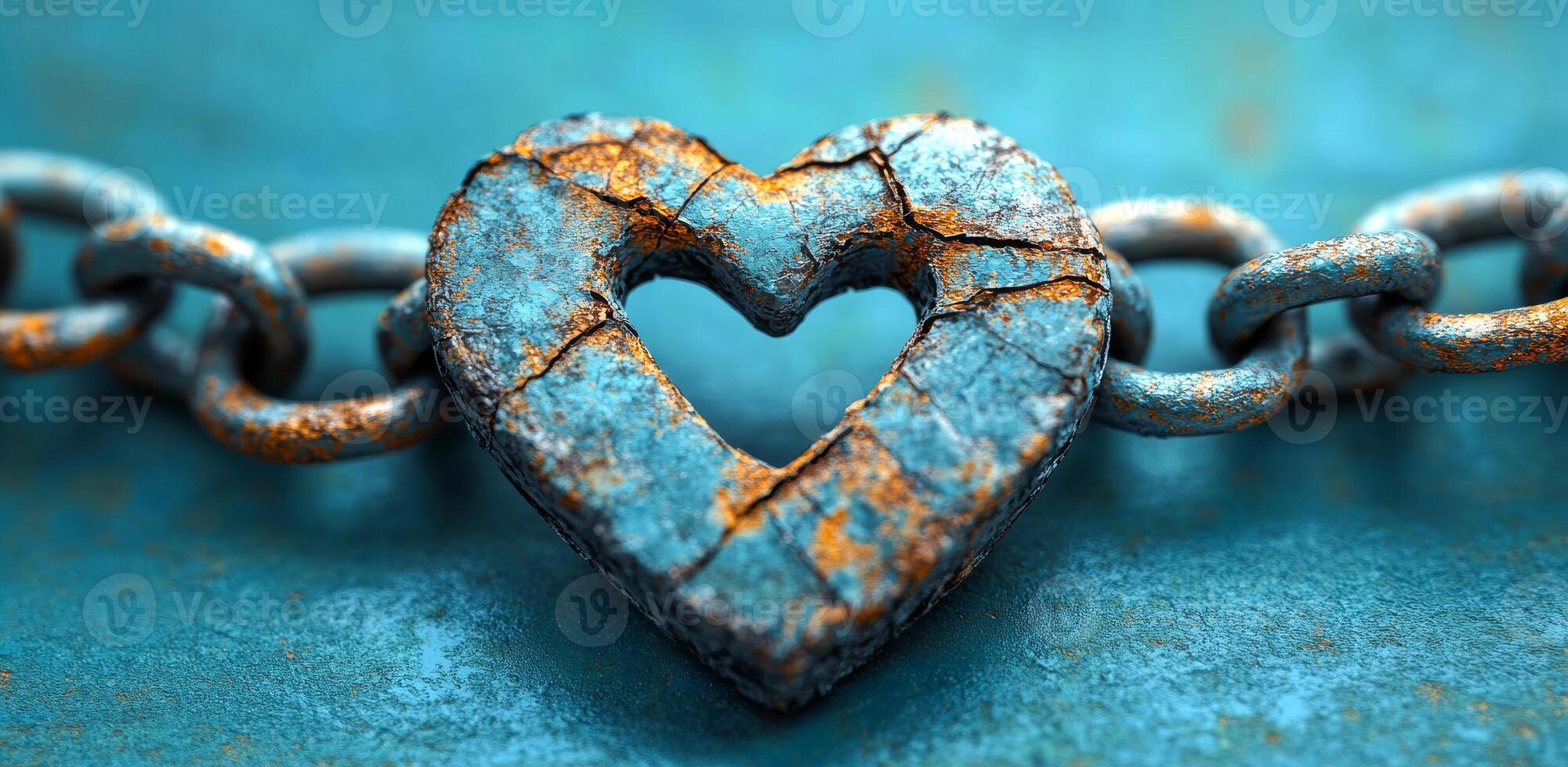 A heart made of metal is chained to a chain. The heart is broken and the chain is rusty. Concept of sadness and loss photo