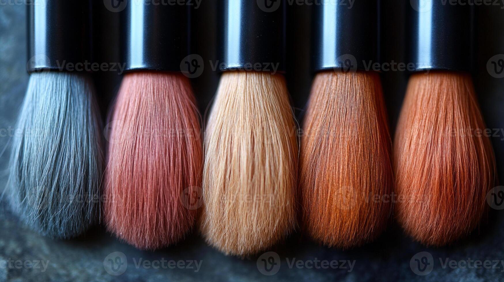 A row of makeup brushes with different colors and textures. The brushes are lined up next to each other, showcasing the variety of options available for makeup application photo