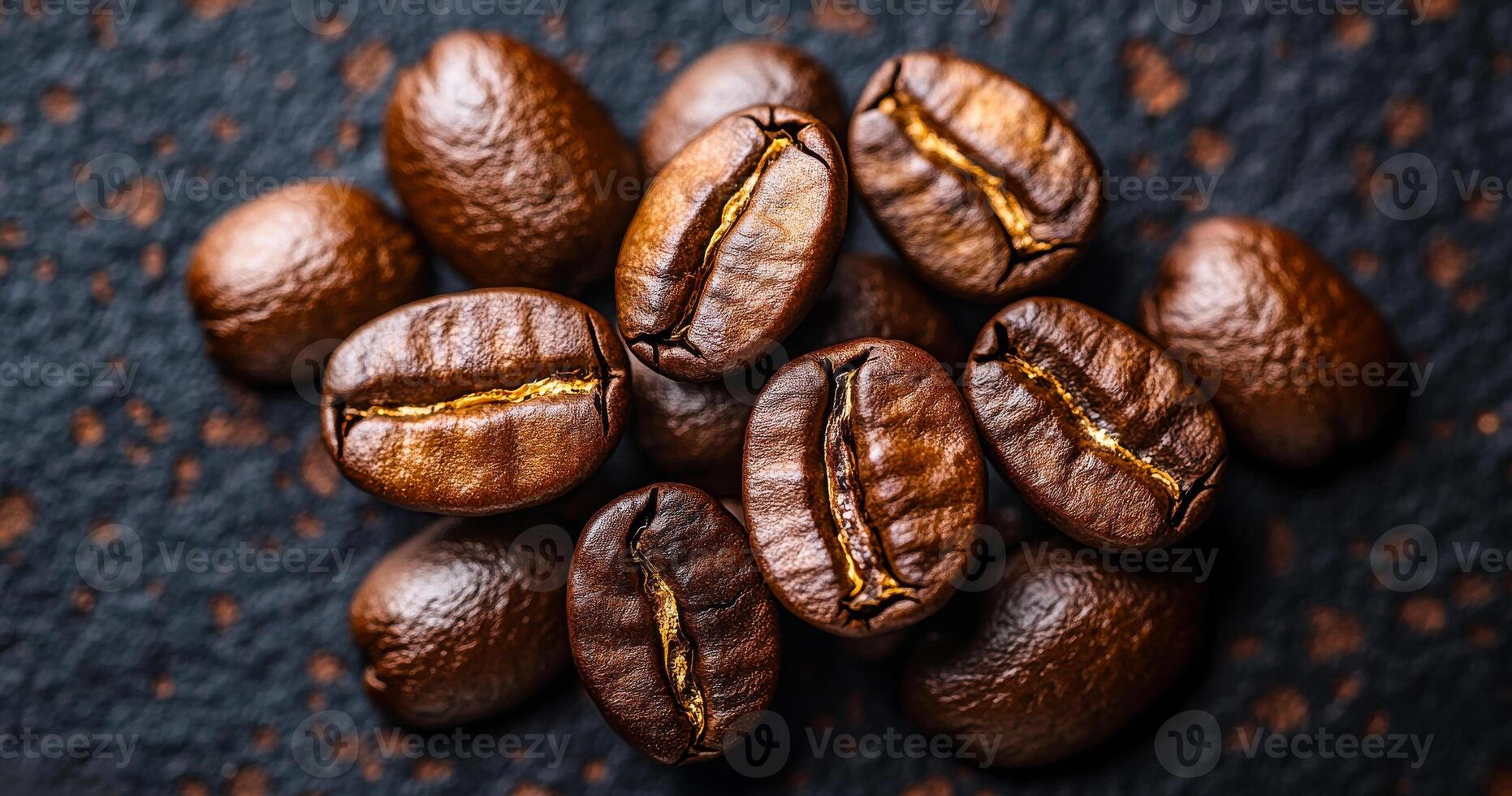 A close up of coffee beans on a black surface. The beans are brown and have a slightly rough texture. Concept of warmth and comfort, as coffee is often associated with relaxation and socializing photo