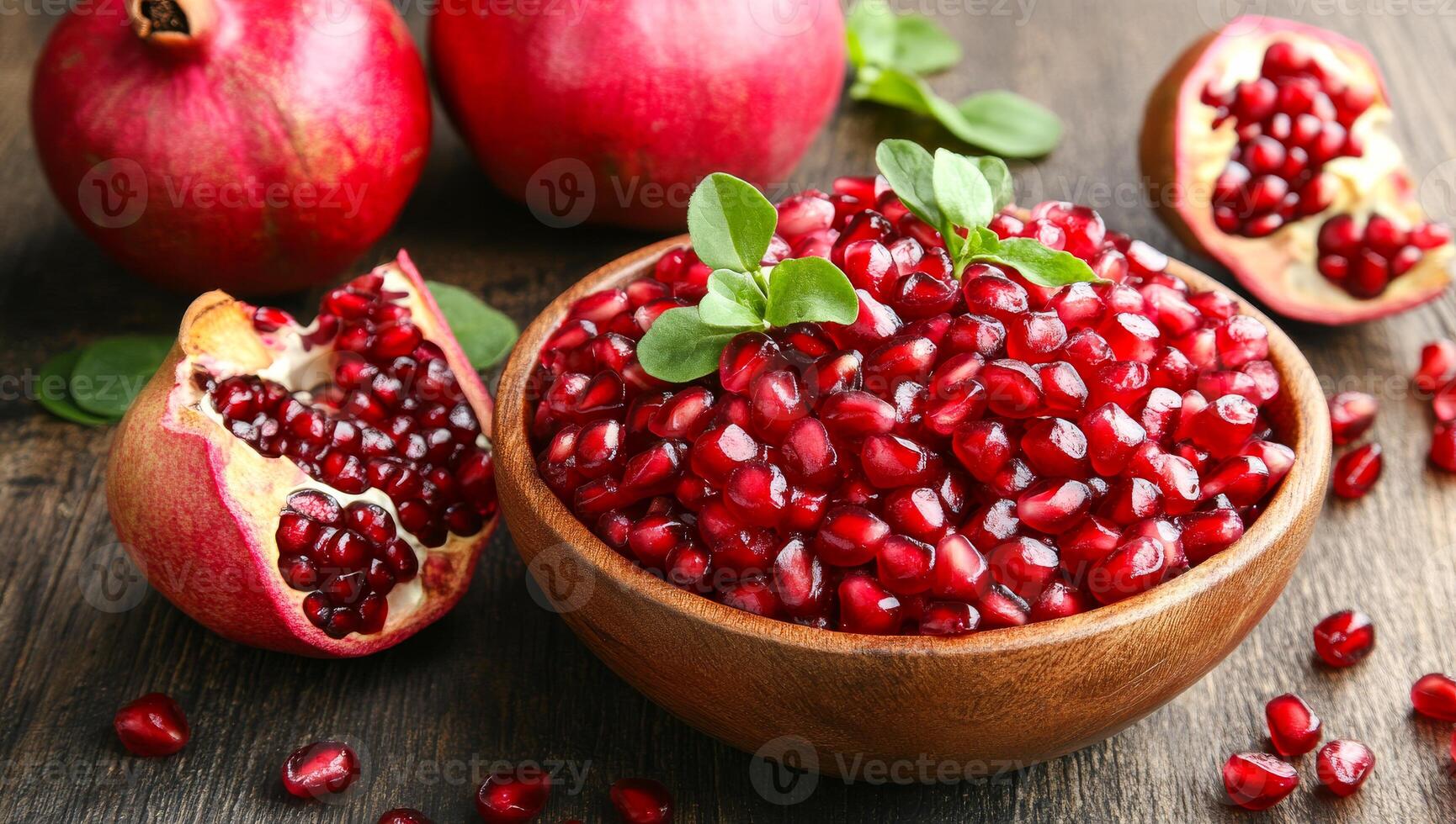 A bowl of red fruit with a few pieces missing. The bowl is on a wooden table. The fruit is ripe and ready to eat photo