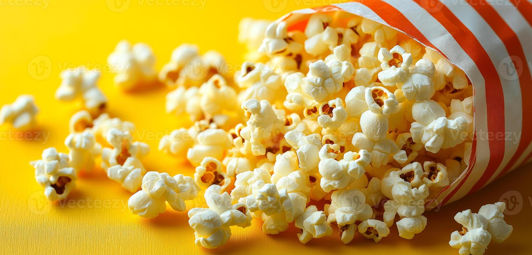 A bag of popcorn is sitting on a yellow table. The popcorn is white and the bag is striped photo