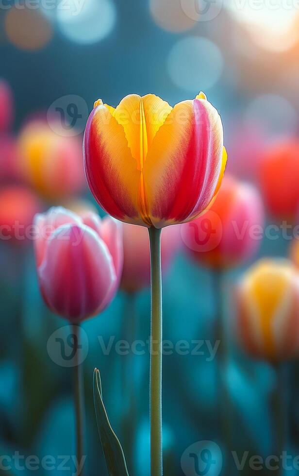 A single yellow and red flower stands out in a field of pink and purple flowers. The bright colors of the flower contrast with the blue sky in the background, creating a sense of warmth and happiness photo