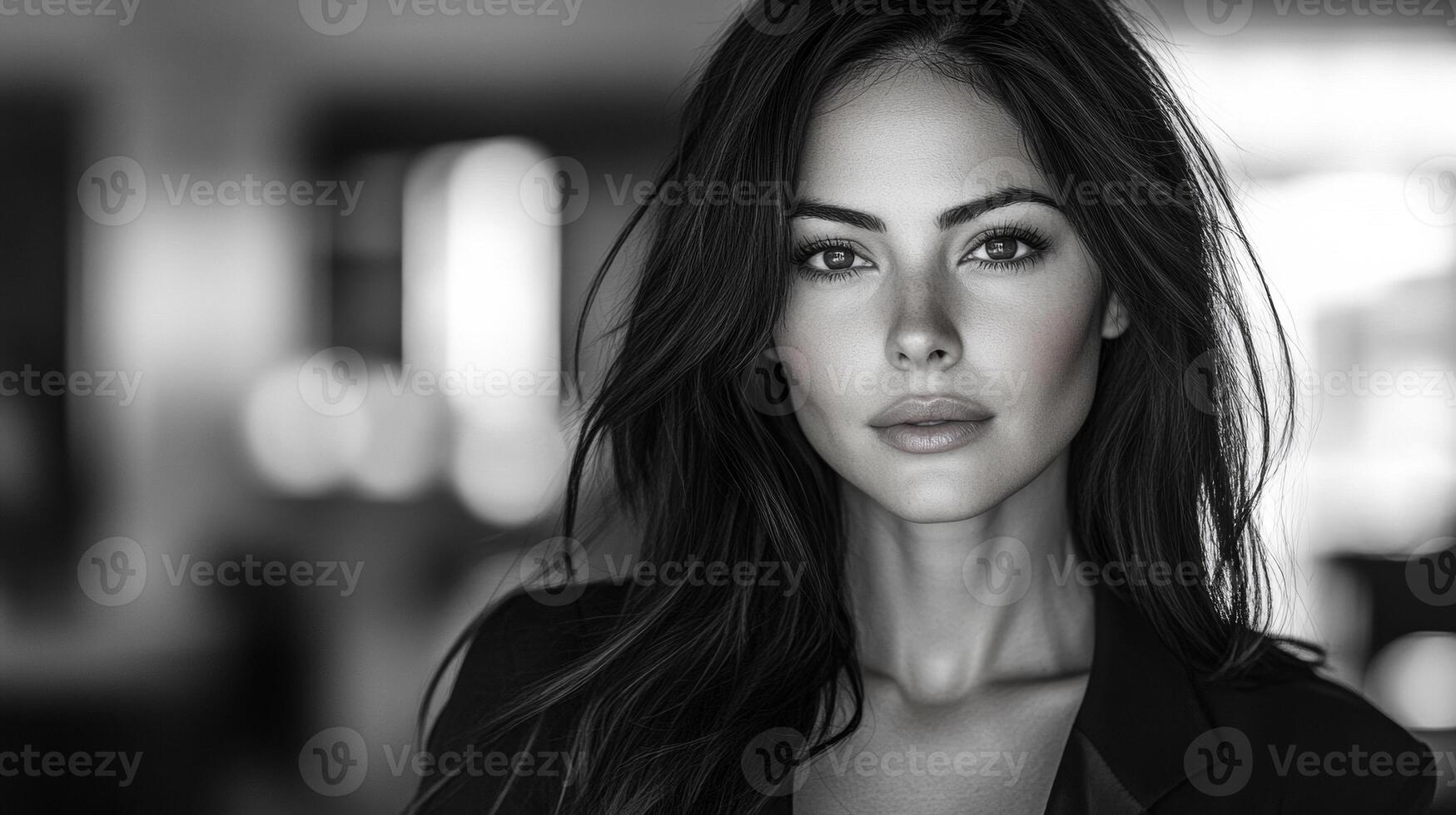 A woman with long hair and a black jacket is standing in front of a wall. The image has a moody and dramatic feel to it, with the woman's dark hair and the black jacket creating a sense of mystery photo