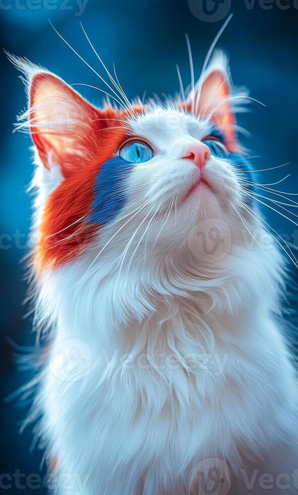A cat with blue and red paint on its face is looking up at the camera. The cat's fur is white and red, and it has a blue nose. The image has a playful and whimsical mood photo